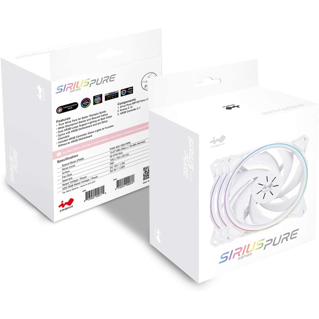 InWin Sirius Pure ASP120 120mm PWM Fan Case 3 in 1 Kit ARGB WHITE #พัดลมเคสสีขาว