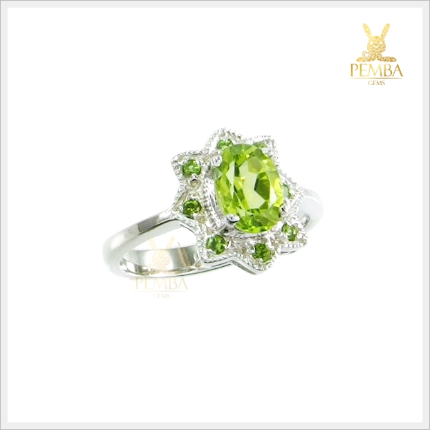 แหวนเพริดอตแท้ สีเขียวใบไม้อ่อน เงินแท้ ชุบทองคำขาว แหวนพลอยแท้