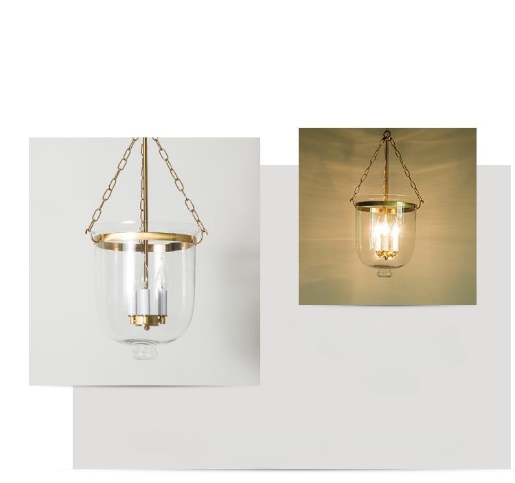 โคมไฟแขวนเพดานแก้วใสทรงโถโครงเหล็กสีทอง ไฟทรงแท่งเทียน 3 ดวง สไตล์ American Modern [GC3522]