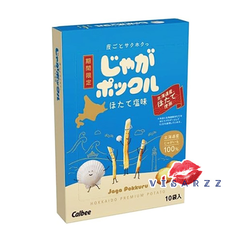 BBE.09/25 (หอยเชลล์ กล่องน้ำเงิน) Calbee Potato Farm Jaga Pokkuru Hokkaido Premium Potato 18g x 10 ห่อ มันฝรั่งอบกรอบ จากฮอกไกโด 100% รสหอยเชลล์ ของฝากยอดฮิตของชาวไทย