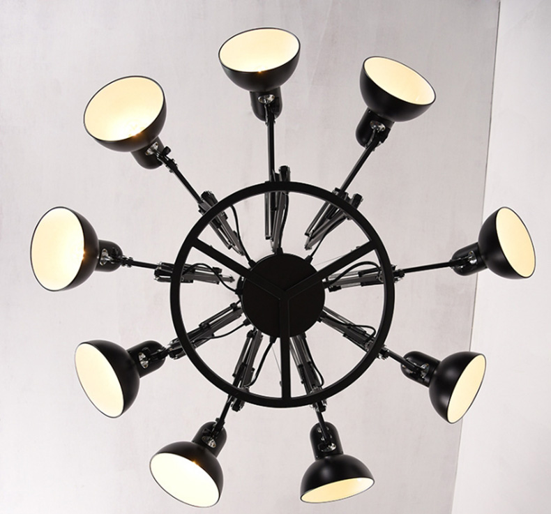 โคมไฟระย้าเหล็กแขวนเพดานสไตล์ American Industrial 9 ดวงสีดำ ขาโคมพับกางได้ [JND-044]