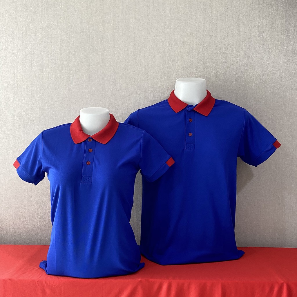 เสื้อฟอร์มพนักงาน เสื้อยืดปกโปโล เสื้อโปโลแขนสั้น สีนำ้เงินปกแดง พร้อมส่ง SKU-02992 สีภาพ S-2XL