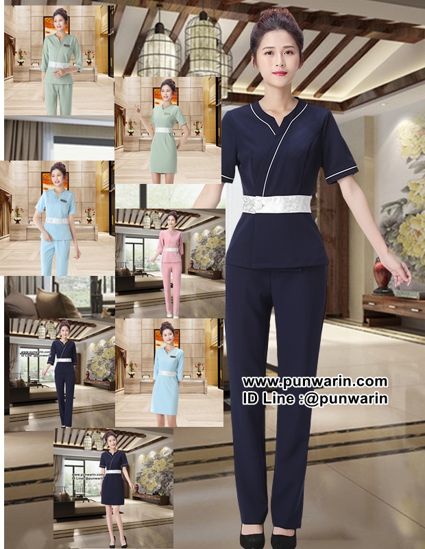 ชุดพนักงานนวดสปา ชุดพนักงานเสริมสวย ชุดทำงาน ชุดสูท S6503010 สีชมพู กรมท่า ฟ้า เขียว S-3XL