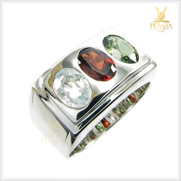 แหวนพลอยแท้ 3 สี เงินแท้925 ชุบทองคำขาว เสริมโชคลาภ แหวนพลอยแท้