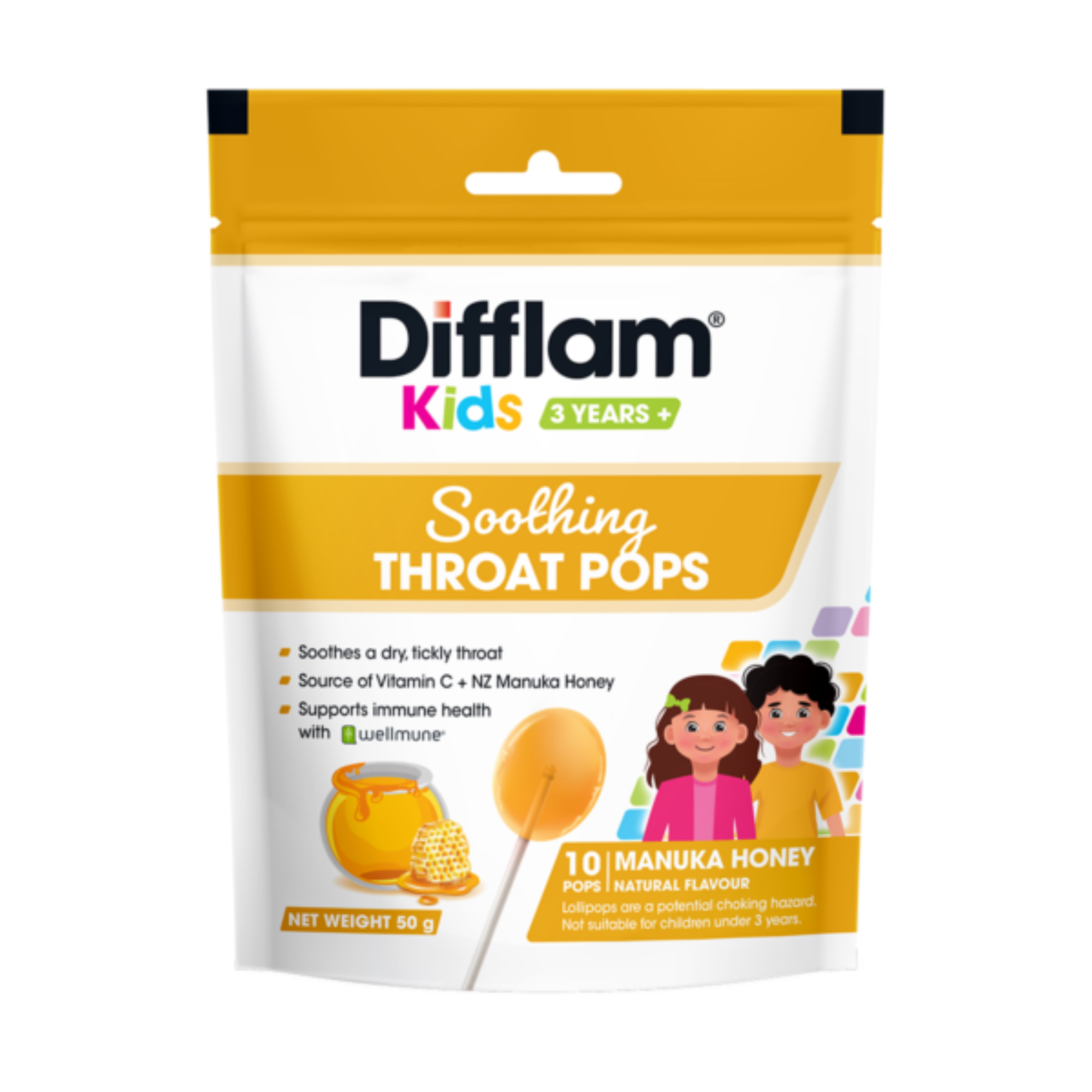 อมยิ้มเสริมภูมิคุ้มกันพร้อมบรรเทาอาการไอสำหรับเด็ก Difflam Kids Soothing Throat Pops