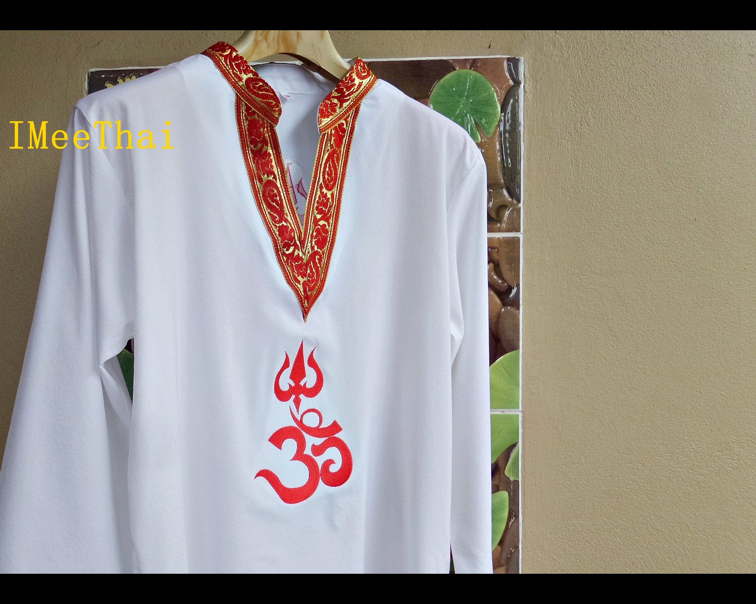 เสื้อขาว โอม พระพิฆเนศ ตรีศูล ขลิบแทบแดง