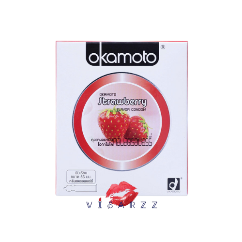 (Exp.09/29) Okamoto Strawberry 1 กล่อง 2 ชิ้น โอกาโมโต กลิ่นสตรอเบอร์รี่ ถุงยางอนามัยจากญี่ปุ่น ขนาด 53 มม. กระชับสรีระท่านชายพอดี