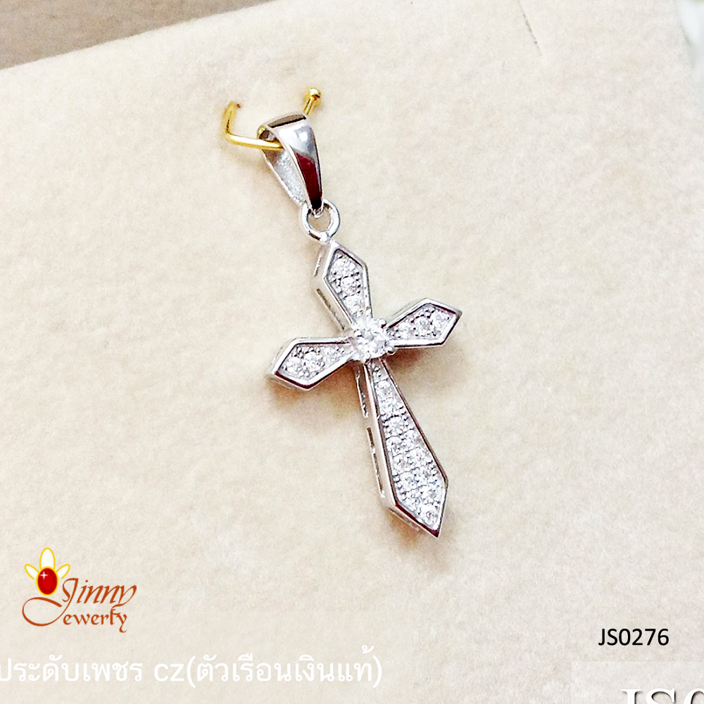 จี้เงินแท้ 92.5% รูปไม้กางเขน ประดับเพชร cz