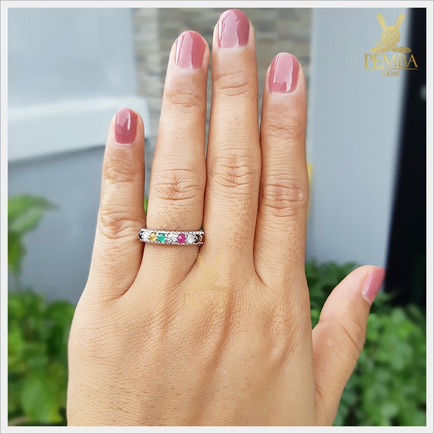 แหวนนพเก้า ตามตำราโบราณ เงินแท้925 ชุบทองคำขาว แหวนพลอยแท้