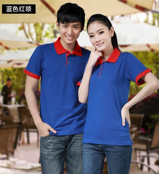P6012018 เสื้อฟอร์มพนักงาน เสื้อยืดปกโปโล เสื้อโปโลสีน้ำเงินสลับแดง P6012018