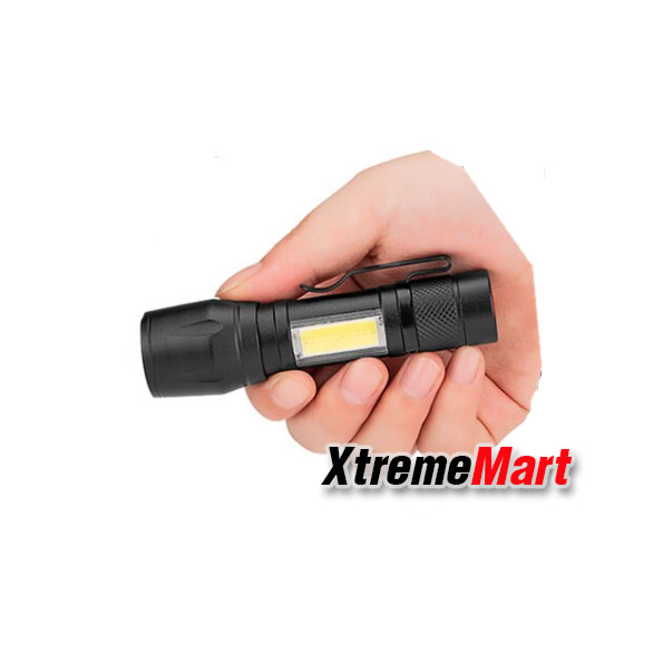 ไฟฉายซูมขนาดเล็ก+โคมไฟ COB ด้านข้าง + คลิปเหน็บ แสงขาว 3 โหมด พร้อมสายชาร์จ USB ชาร์จได้ในตัว