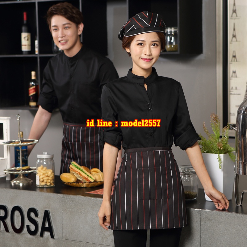 F6109010 เสื้อพนักงานต้อนรับพนักงานเสริฟเสื้อพนักงานโรงแรมนรีสอร์ทเสื้อแขนยาว F6109010 แดง ดำ เขียว M-3XL