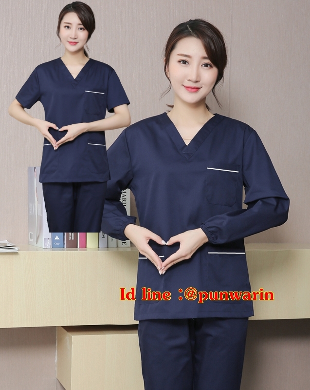 ชุดฟอร์มพนักงานสำเร็จรูป ชุดหมอผ่าตัด ชุดพยาบาลห้องผ่าตัด เอวยางยืด T6211004-8 สีกรมท่า S-2XL