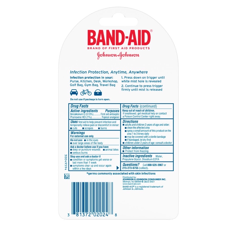 สเปรย์กำจัดเชื้อโรคและบรรเทาอาการเจ็บปวด Johnson & Johnson BAND-AID Antiseptic Cleansing Liquid To-Go-Spray