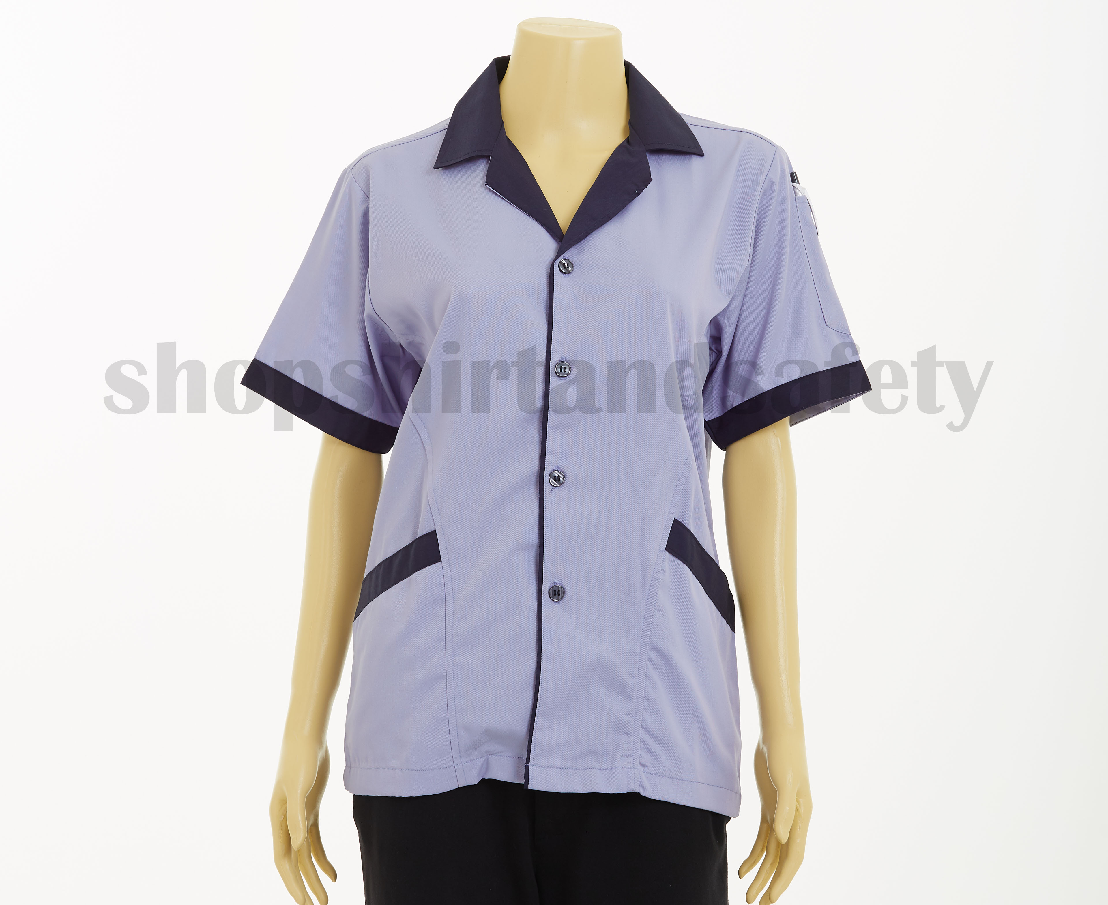 เสื้อแม่บ้านแขนสั้นคอฮาวายแบบสีฟ้าอมม่วงปกน้ำตาล