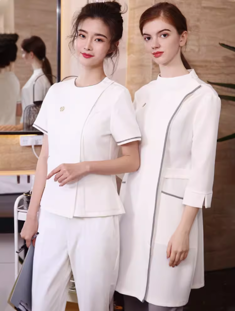ชุดพนักงานนวดสปา ชุดพนักงานเสริมสวย ชุดทำงาน ชุดสูท ชุดพนักงานคลินิค S6707004 ขาว เบจ ดำ S-3XL