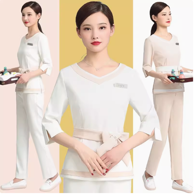 ชุดพนักงานนวดสปา ชุดพนักงานเสริมสวย ชุดทำงาน ชุดสูท ชุดพนักงานคลินิค S6707002 ขาว เบจ S-3XL