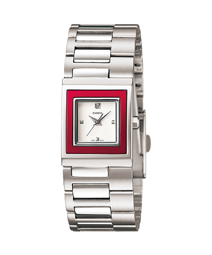 Karnvera Shop นาฬิกาข้อมือผู้หญิง Casio Women's LTP-1317D-4C Silver Stainless-Steel Quartz - Red (สินค้าราคาพิเศษ ไม่มีกล่อง)