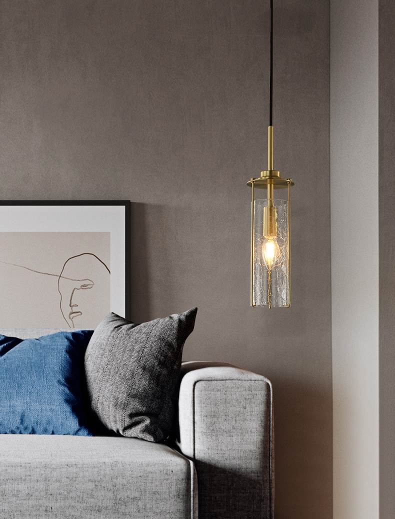 โคมไฟแขวนเพดานแก้วทรงกระบอกลาย Crack glass โครงเหล็กสีทองเหลือง [ACG-87427]