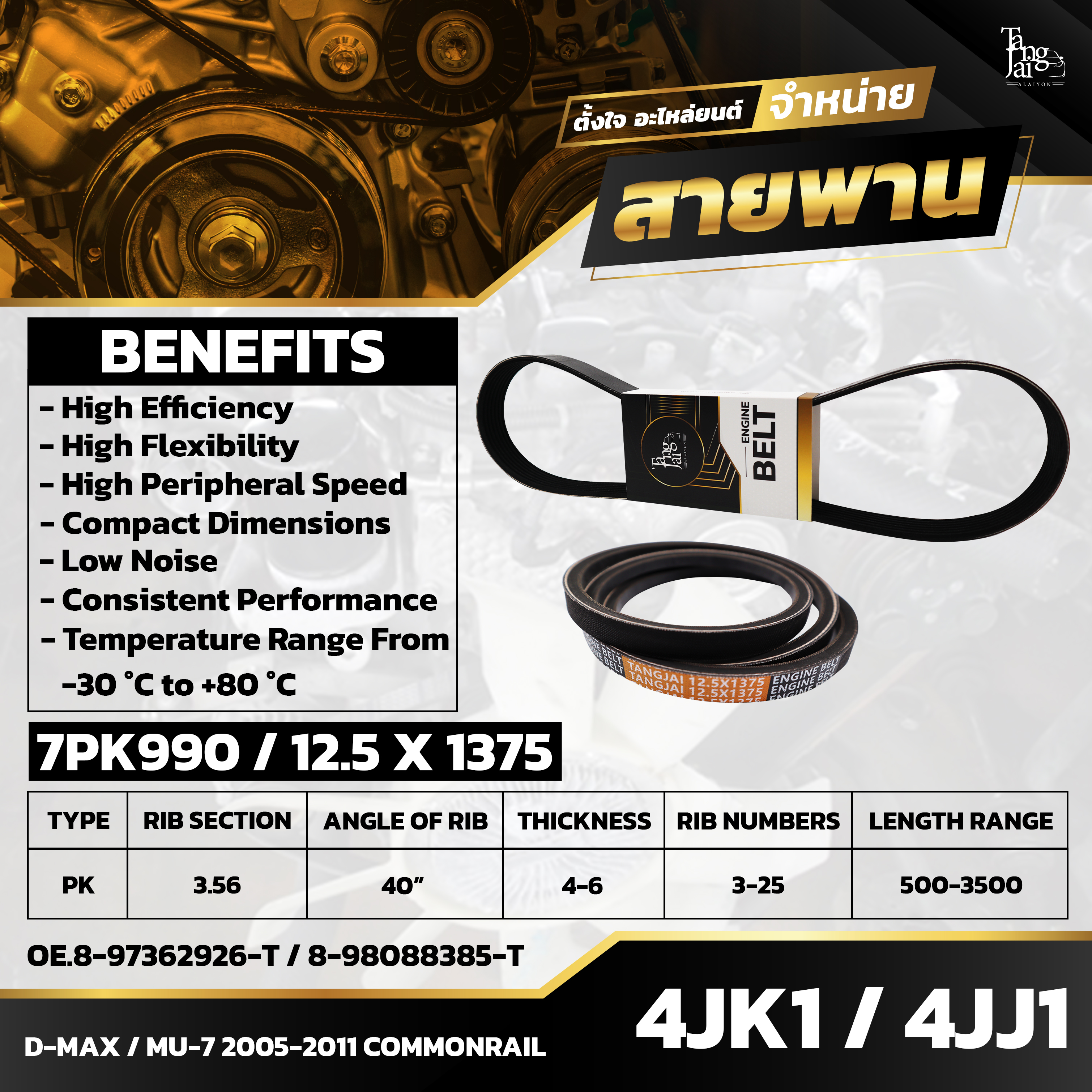 สายพานหน้าเครื่อง ISUZU D-MAX MU-7 2005-2011 COMMONRAIL 4JK1 / 4JJ1 7PK990 / 12.5X1375 BY TANGJAI (ราคา 2 เส้น)