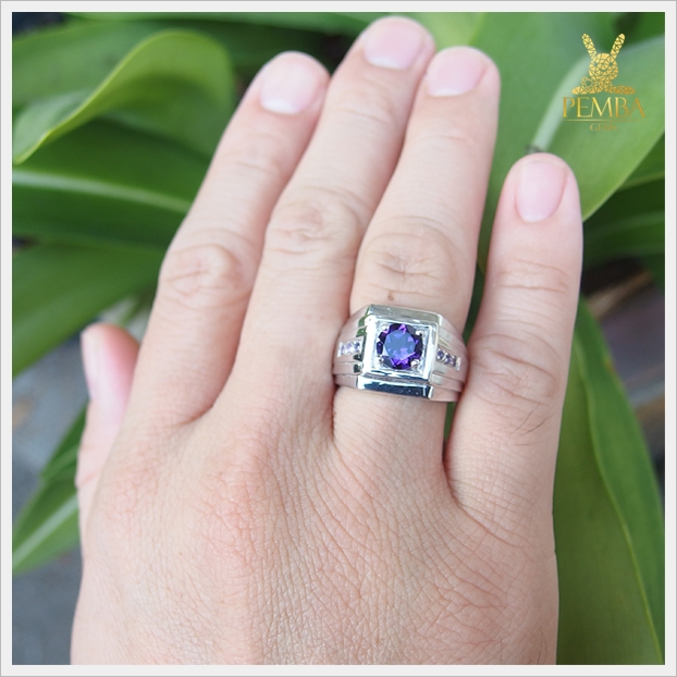 แหวนอเมทิสต์ ทรงกลม เงินแท้925 ชุบทองคำขาว แหวนพลอยแท้