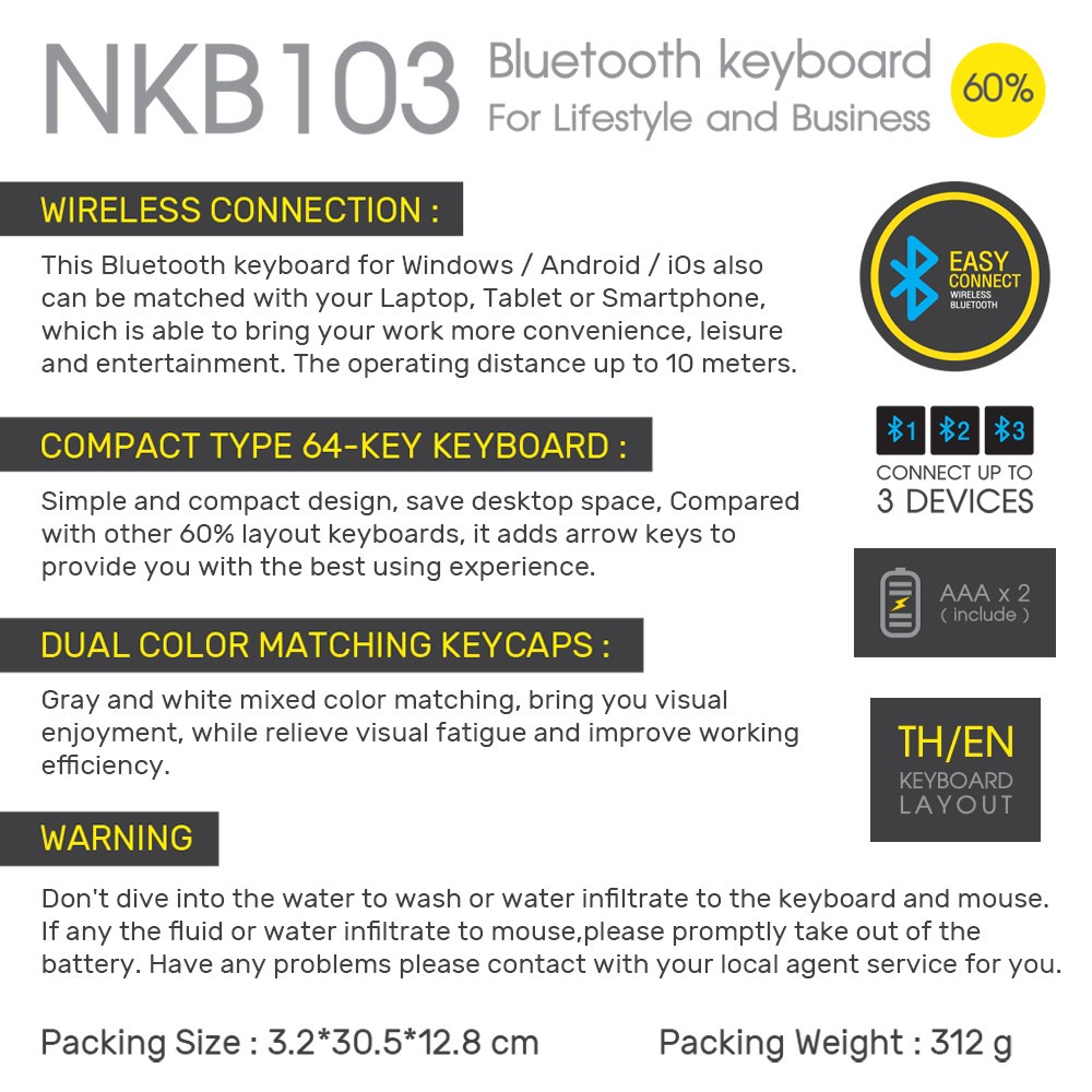 TH/EN Bluetooth Keyboard NUBWO (NKB-103) 60% Layout
