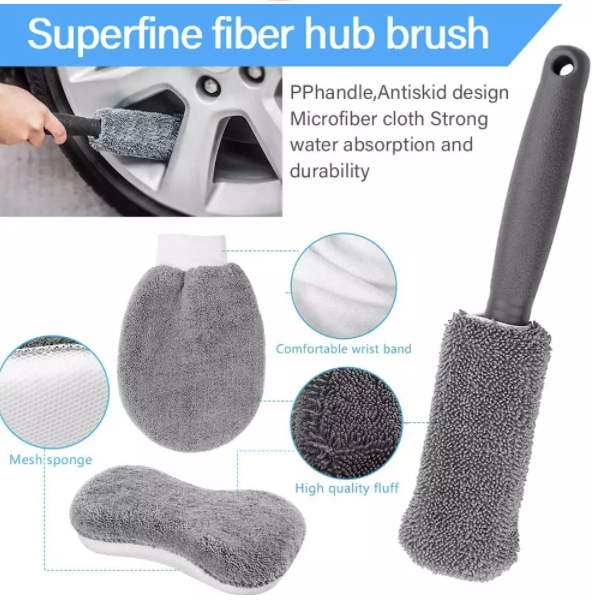 ชุดผ้าทำความสะอาดรถยนต์ เซ็ท 9 ชิ้น ฟองน้ำ ผ้าไมโครไฟเบอร์ เช็ดรถและกระจก ฟองน้ำลงแว๊กซ์ แปรงผ้าขัดล้อ