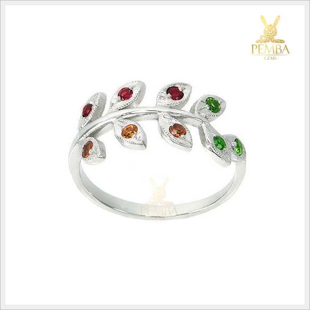 แหวนพลอยแท้ 3 สี ดีไซน์ใบมะกอกสุดเก่ เงินแท้ ชุบทองคำขาว แหวนพลอยแท้