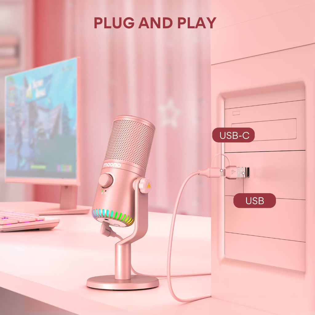 ส่งฟรี MAONO DM30 RGB Pink USB Condenser Microphone สําหรับ PC คอมพิวเตอร์ โทรศัพท์มือถือ เล่นเกม บันทึก ถ่ายทอดสด