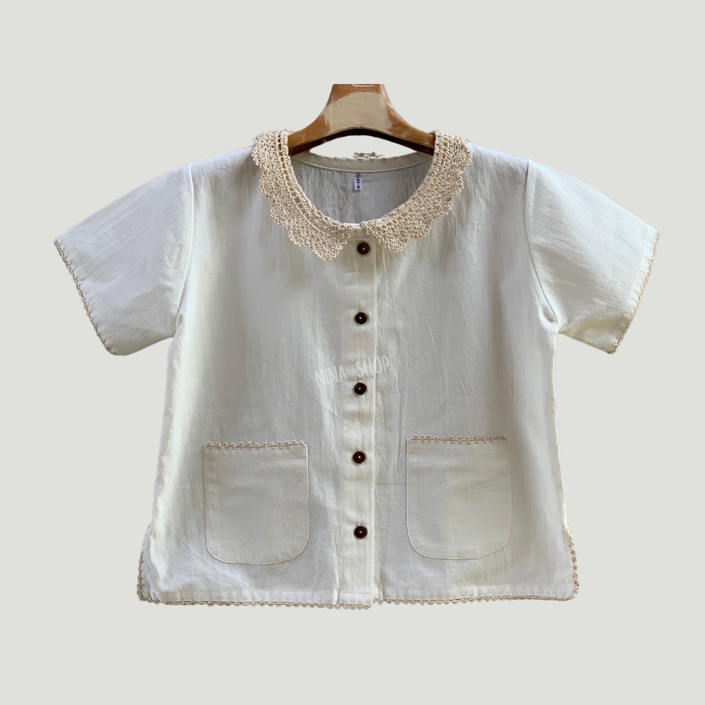 เสื้อผ้าฝ้าย คอบัวถักมือแฮนด์เมด แขนสั้น แนวมินิมอลผสมสานงานถักแบบล้านนาประยุกต์ สวมใส่ง่าย ใส่เที่ยว ใส่เล่น ใส่ไปทำบุญ