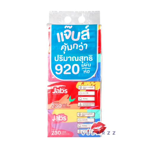 (920 แผ่น) Jabs Natural Soft 1 หิ้ว 4 ห่อ ห่อละ 920 แผ่น แจ๊บส์กระดาษเช็ดหน้าเช็ดได้ทั้งผิวหน้าและผิวกาย มาพร้อมความหนา 2 ชั้น ซับน้ำและของเหลวต่าง ๆ ได้เป็นอย่างดี พร้อมให้สัมผัสที่นุ่มและอ่อนโยนต่อผิว