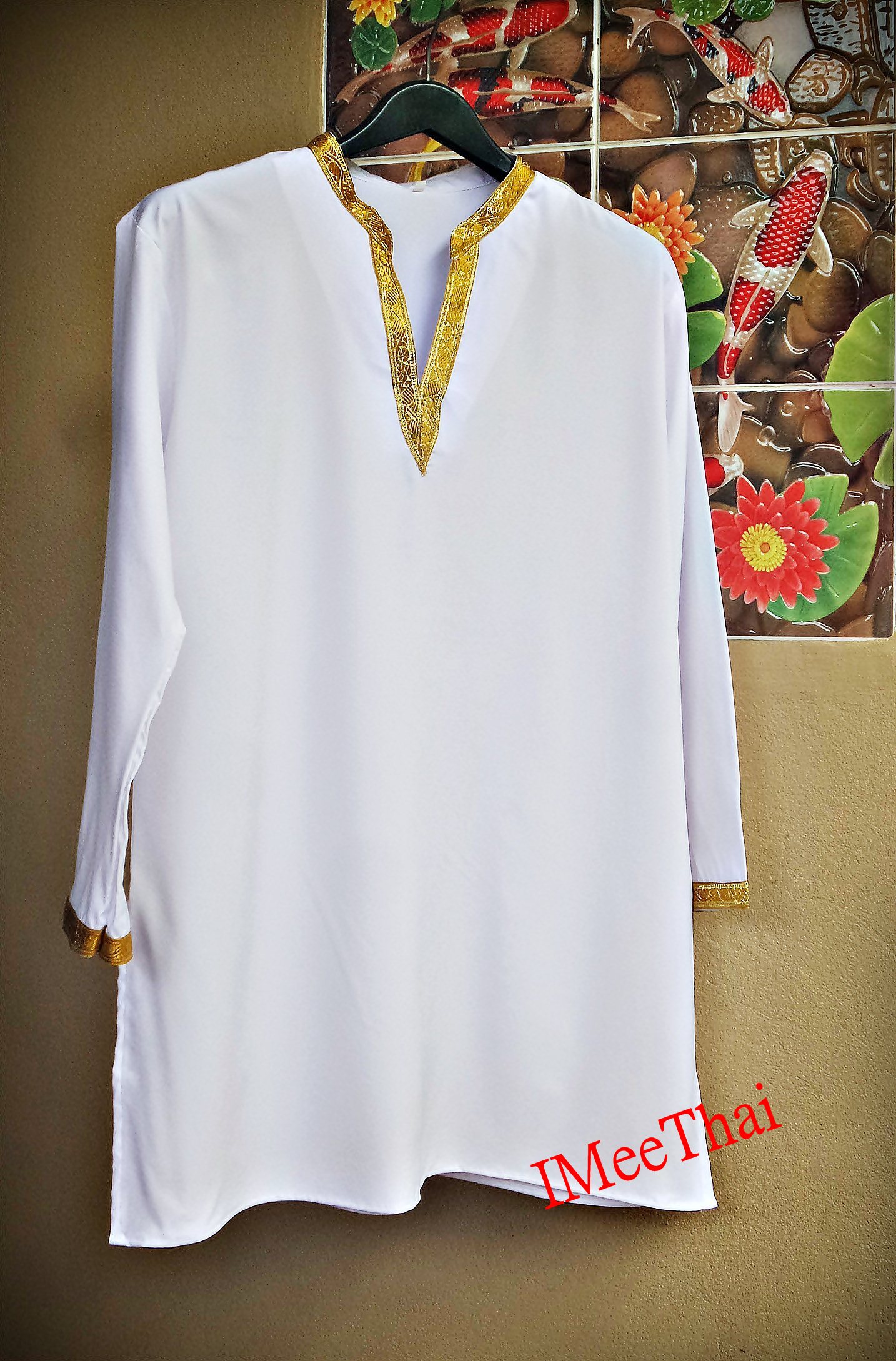 เสื้อ มนต์พิธี ดิ้นแถบสีทอง สีขาวแขนยาว