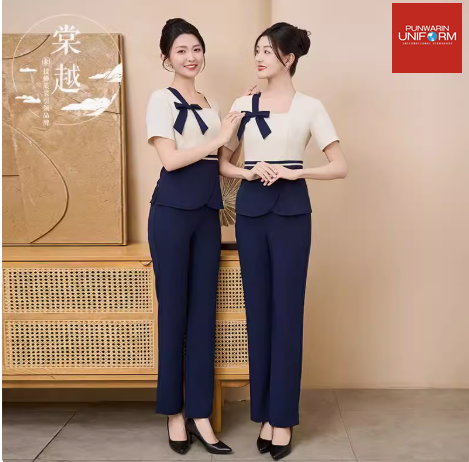 ชุดพนักงานนวดสปา ชุดพนักงานเสริมสวย ชุดทำงาน ชุดสูท S6805001 น้ำเงินขาว M-2XL