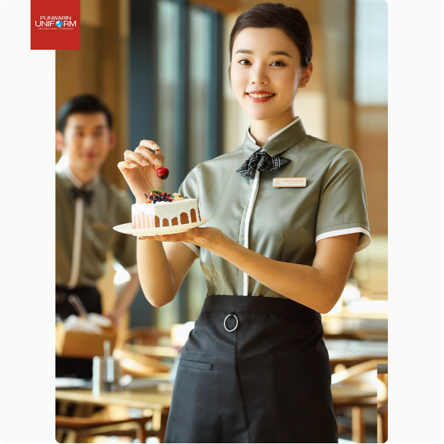 ชุดทำงานพนักงานเสิร์ฟร้านกาแฟชานม Bushiyi จัดเลี้ยงโรงแรมร้านอาหารตะวันตก F6806002 เขียว ฟ้า M-4XL