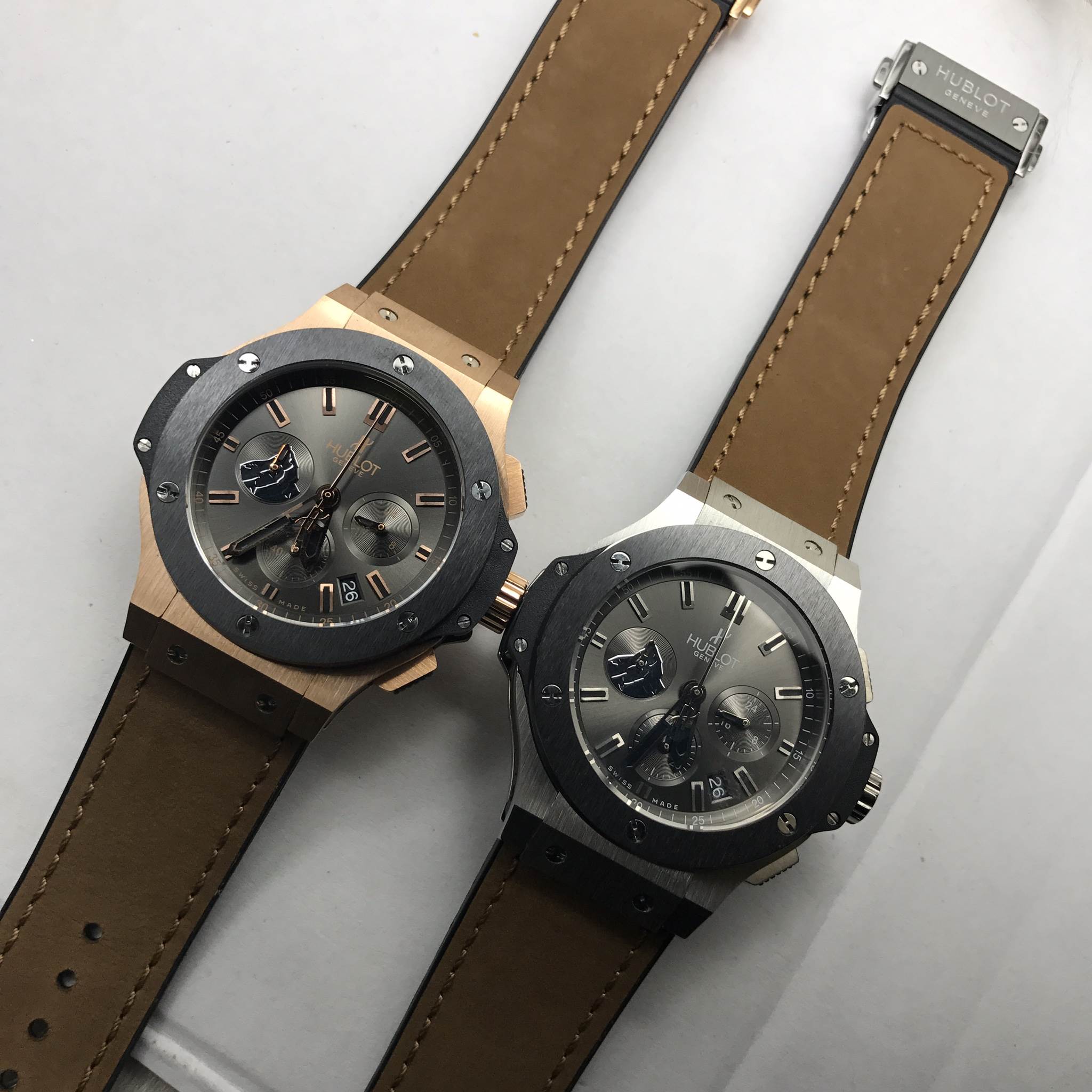 นาฬิกา Hublot Big Bang Tuiga 1909 กรอบเซรามืคสีดำ สายหนัง ขอบ เงิน และ Pink Gold
