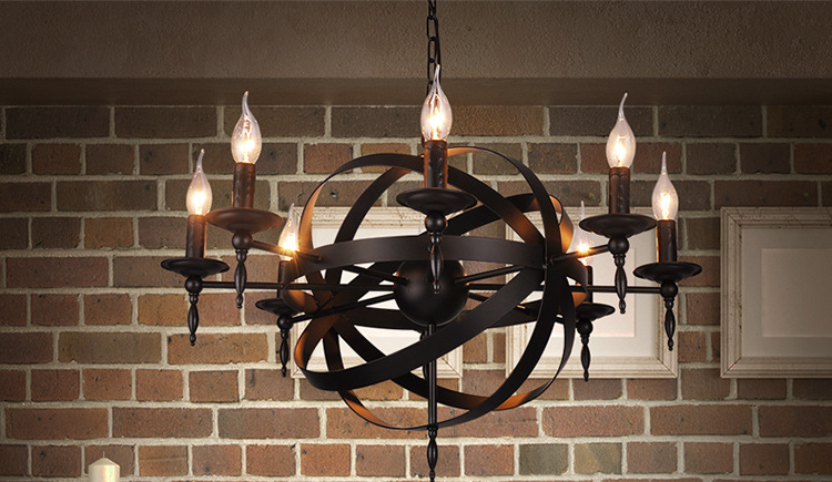 โคมไฟแขวนเพดานเหล็กดัดวงแหวนทรงกลมตกแต่งก้านลายแท่งเทียนสไตล์ Industrial [W8715]