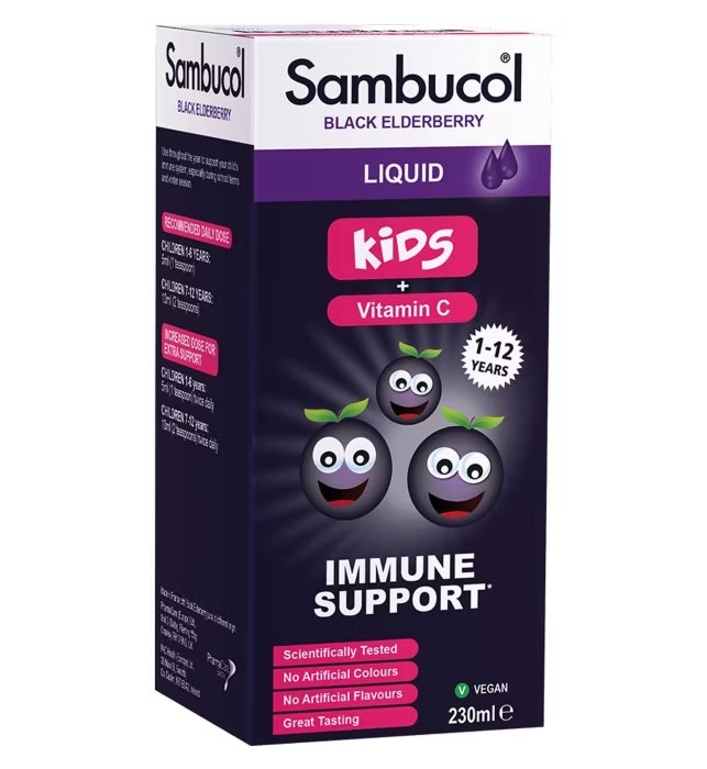 วิตามินเสริมสร้างภูมิคุ้มกันผสมวิตามินซี Sambucol Black Elderberry Liquid for Kids + Vitamin C (230ml)