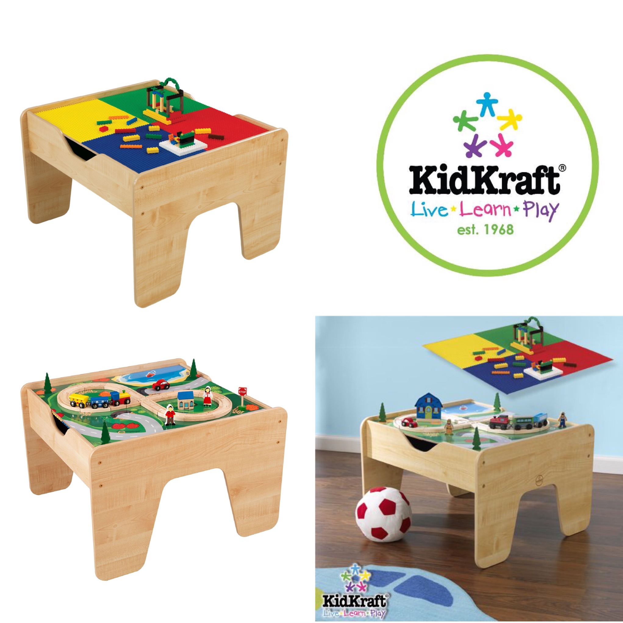 โต๊ะกิจกรรมสำหรับเลโก้พร้อมชุดรถไฟ Kidkraft 2-in-1 Activity Table with LEGO-Compatible Board and Train Set (Natural)