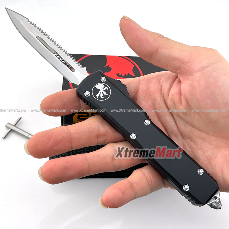 มีดสปริงขนาดกลาง Microtech (New Ultratech) หนึ่งคมหนึ่งหยัก ใบเงิน Combat Troodon 00556 D/E Automatic Knife