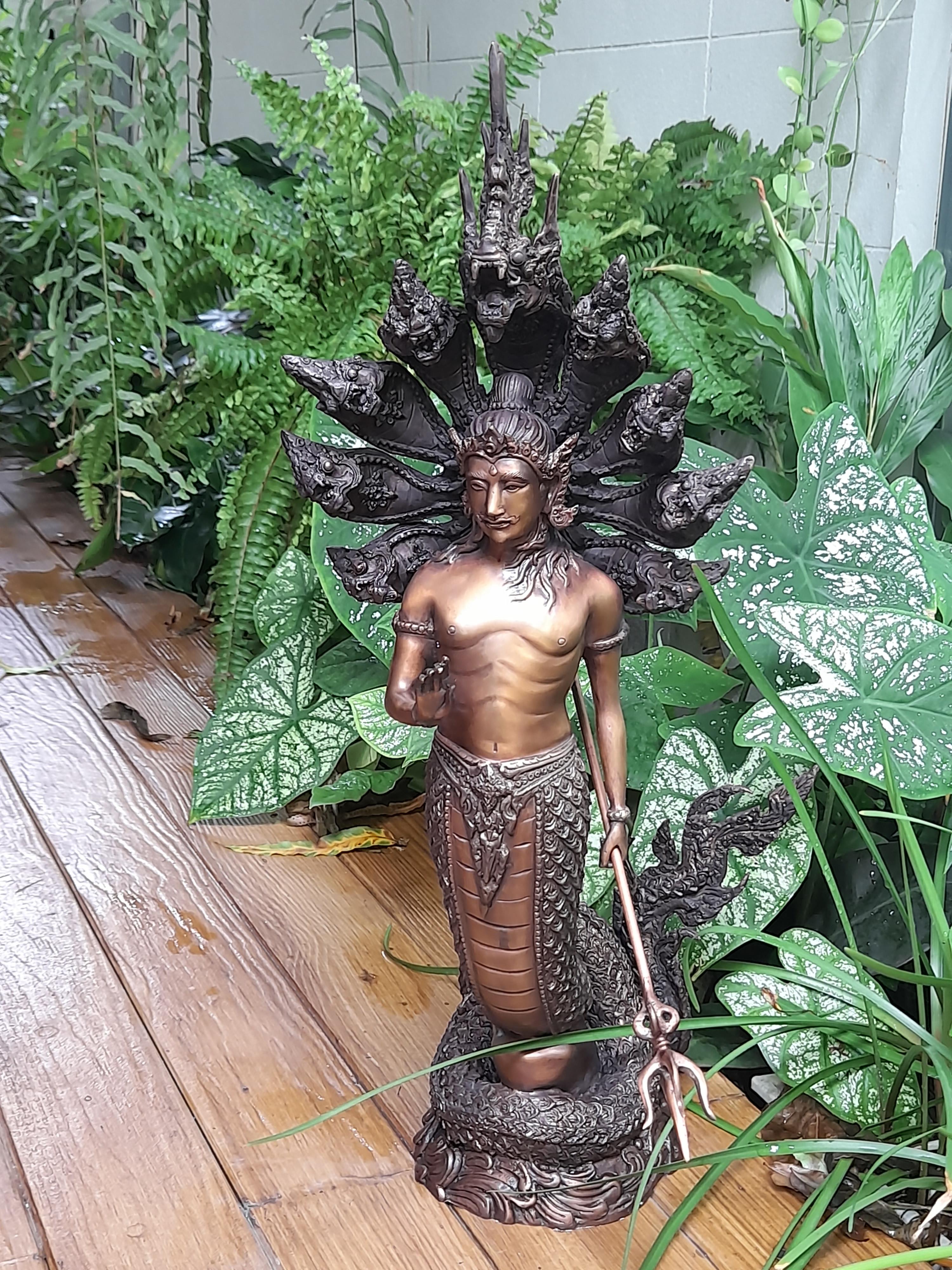 รูปหล่อ พญานาคราช ปาง ประทานพร มนุษย์ ครึ่งพญานาค นาคปรก 9หัว เศียร เนื้อทองเหลือง สีสัมฤทธิ์ (สูง22นิ้ว) (งานพรีออเดอร์สั่งทำ 2เดือน)