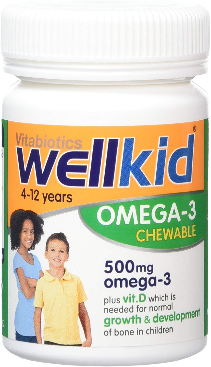 วิตามินเสริมแร่ธาตุโอเมก้า 3 แบบเม็ดเคี้ยวสำหรับเด็ก Vitabiotics Wellkid Omega-3 Chewable plus Vitamin D
