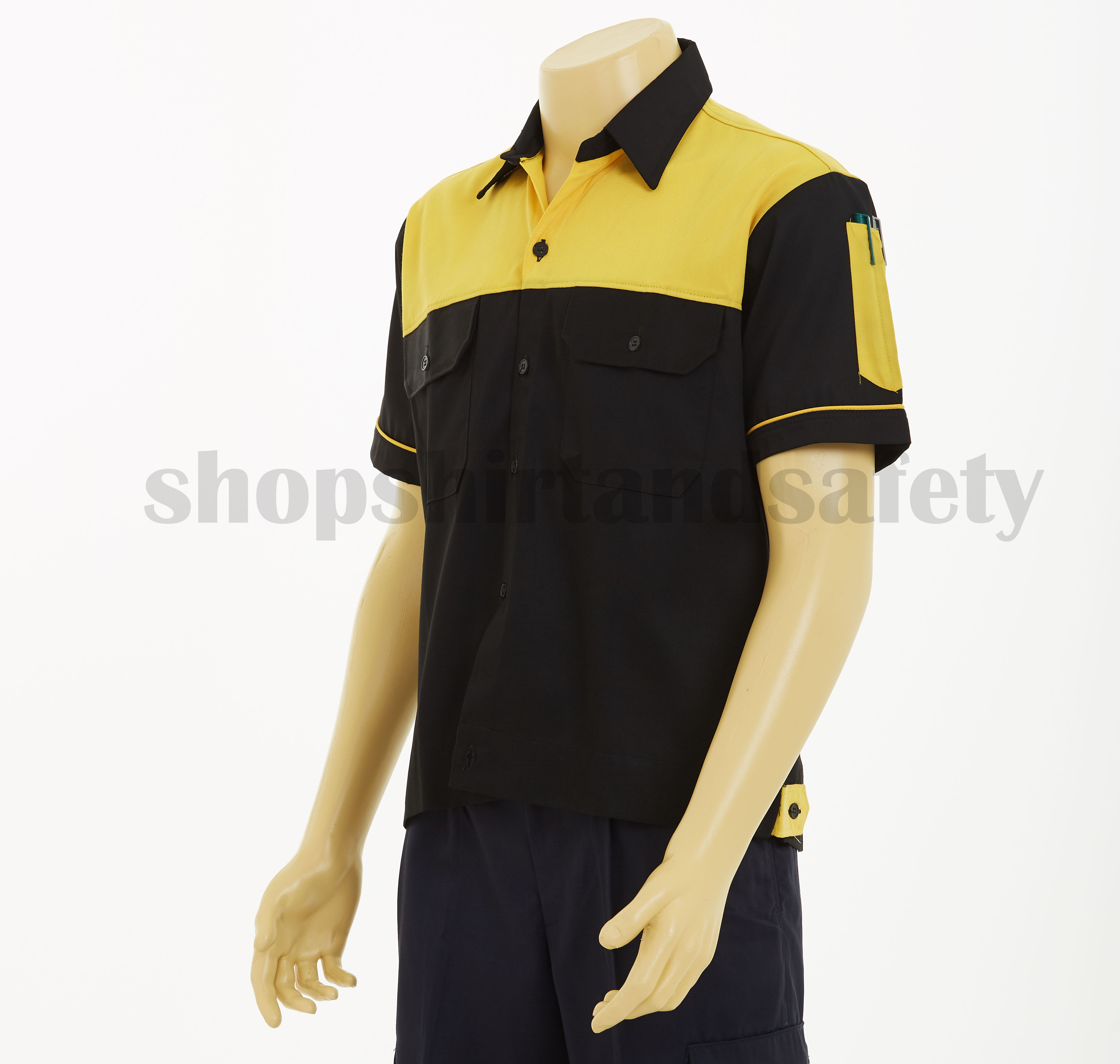 เสื้อช็อปแขนสั้นแบบดำอกเหลือง