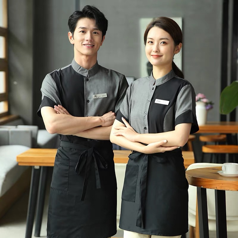 เสื้อฟอร์มพนักงานร้านอาหารกาแฟโรงแรม แขนสั้น FL6708001 เทา M-4XL