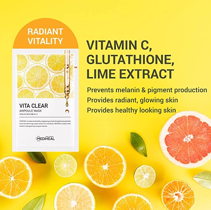 (1 แผ่น) Mediheal Vita Clear Ampoule Mask 25mL เมดิฮีลแผ่นมาส์กที่ช่วยให้ผิวดูกระจ่างใส เปล่งปลั่งมีชีวิตชีวา ด้วยอนุพันธ์วิตามินซี กลูตาไธโอน และสารสกัดจาก Lime