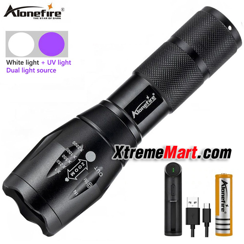 ชุดไฟฉาย Alonefire E17 T6 + UV LED 2หลอด แสงขาว + แสงม่วง (UV 395nm) สําหรับงานตรวจจับลายน้ำ และคราบต่างๆ