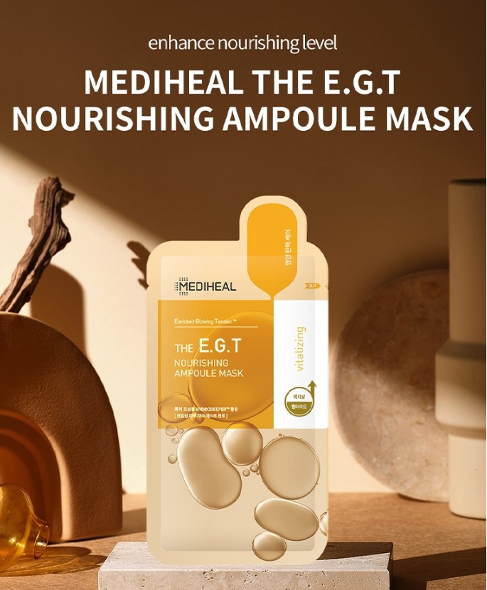 (1 แผ่น) Mediheal The E.G.T Nourishing Ampoule Mask 27mL เมดิฮีลแผ่นมาส์ก สูตรยกกระชับผิว ลดริ้วรอย อุดมด้วยเทคโนโลยีสารสกัด Enriched Glowing Tension ประกอบด้วย 5 Peptide Complex และ Retinal (Vitamin A) ช่วยลดเลือนสัญญาณริ้วรอยแห่งวัย เพิ่มความยืดหยุ่นให้