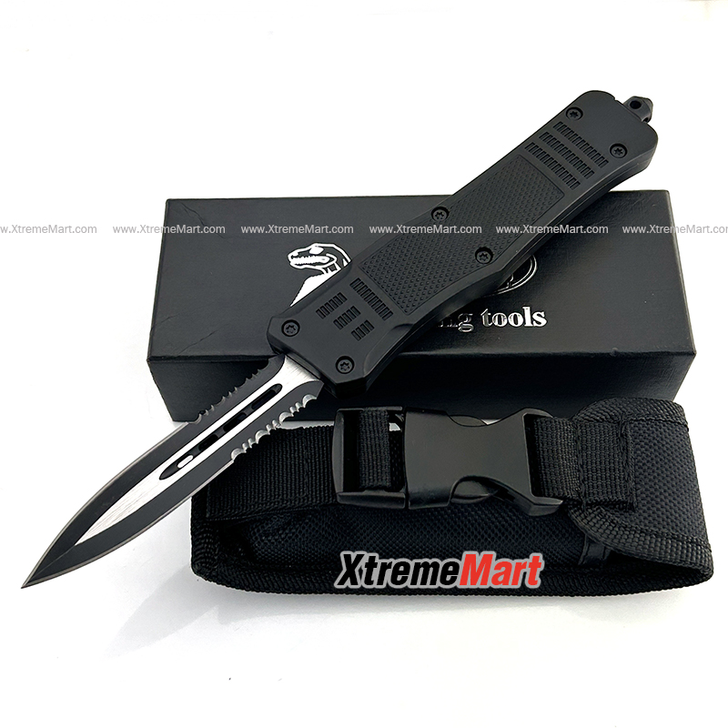 มีดสปริงตรง Microtech รุ่นใหญ่ คม 2 ด้าน กึ่งหยัก คลิปดำ 00556 D/E Automatic Knife Camping Tool