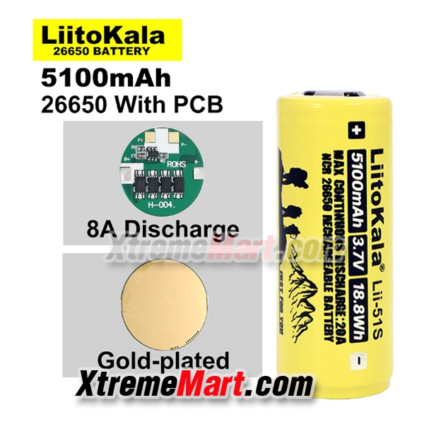 แบตเตอรี่ Liitokala LII-51S 26650 20A power rechargeable lithium battery 26650A 3.7V 5100mA มีวงจรป้องกัน (ก้อนละ)