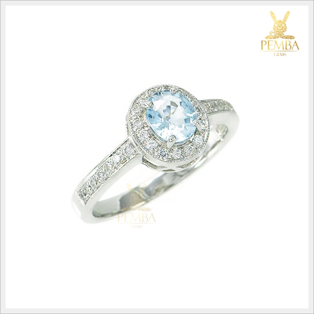 แหวนอะความารีนแท้ อัญมณีสีฟ้าใสน้ำทะเล เงินแท้925 แหวนพลอยแท้