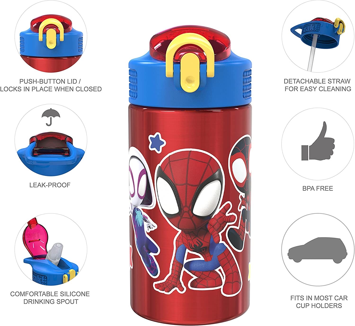 กระติกน้ำสเตนเลสพร้อมหลอดดื่ม Zak! Spider-Man & Friends 16 Oz. Stainless Steel Water Bottle